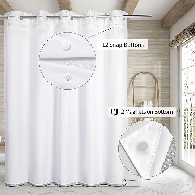 MitoVilla Black Ombre Long Shower Curtain Liner Set 72 x 80, No Hooks Needed 80 inch Long Heavyweight Waffle Fabric Shower Curtain Set with Snap-in Liner for Hotel Grade Spa-Like Bathroom Decor