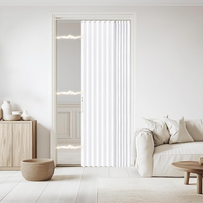 Accordian Door Curtain, 100% Blackout Folding Magnetic Doorway Curtains,Linen Style Closet Doors,for Room Divider,Privacy Protection（W52 x L78,White,1 Panel）