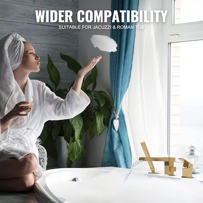 Waterfall Roman Tub Filler Faucet, Deck Mount Bathtub Filler with 360° Swivel Spout, 3 Holes Bathroom Tub Faucet with Sprayer, Brushed Gold
