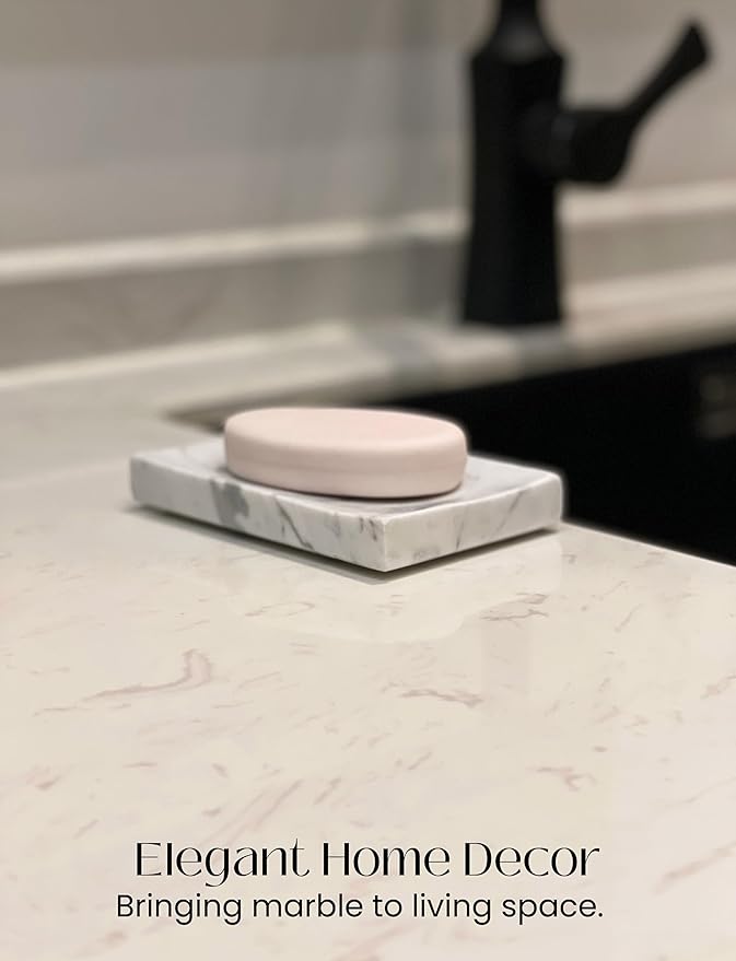 Real Marble Soap Dish - Soap Dish for Shower, Shower Bar Soap Holder, Marble Dish for Bathroom Kitchen, Decorative Stone Soap Dish (Calacatta White, Rectangular)