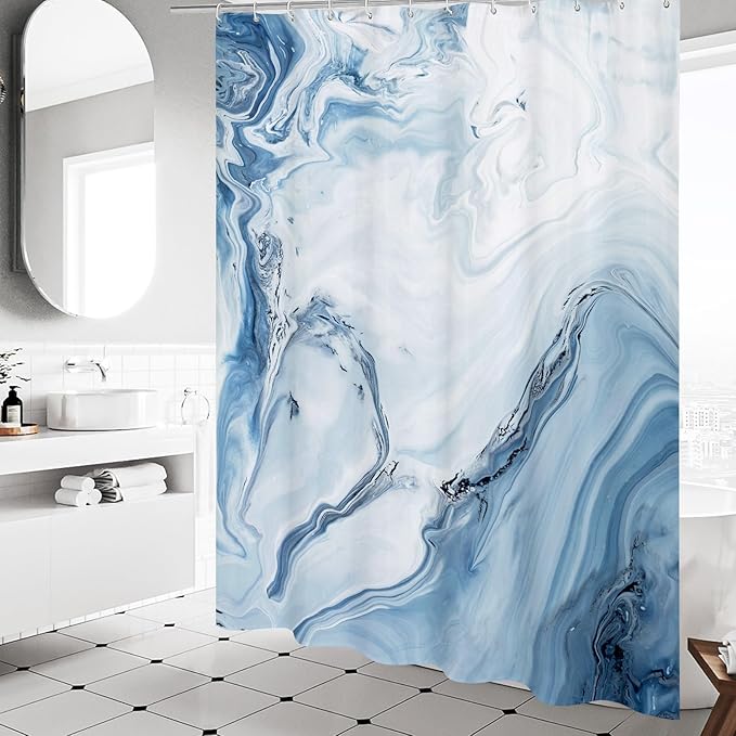 MitoVilla Blue Marble Shower Curtain, Modern Ombre Elegant Fabric Cloth Shower Curtains for Luxury Bathroom Decor, Abstract Chic Summer Watercolor Shower Curtain, 72x72