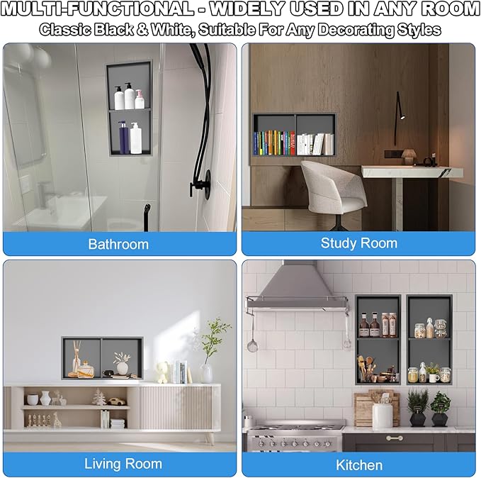 304 Stainless Steel Shower Niche Insert-Glossy Black 24 x 12" No Tile Needed Bathroom Niche for Shower Wall-Double Shelves Built in Shower Shelf-Waterproof Recessed Cabinet for Bathroom Living Room