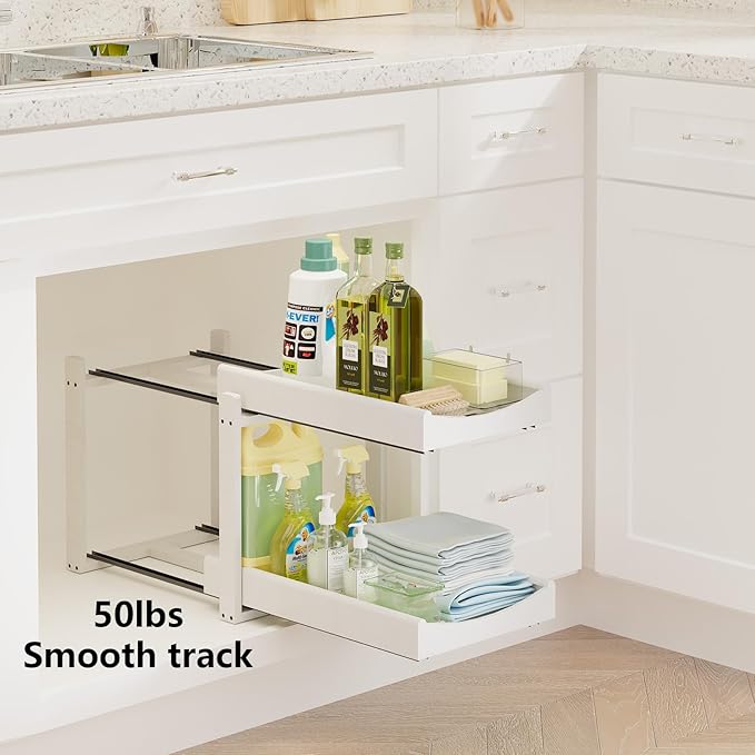 Bamboo Under Sink Organizer Adjustable Height 2 Tier Bathroom Organizer Pull Out Cabinet Storage Kitchen Heave Duty Wood Slide Ou Shelf for Kitchen Bathroom (White, 1 Pack)