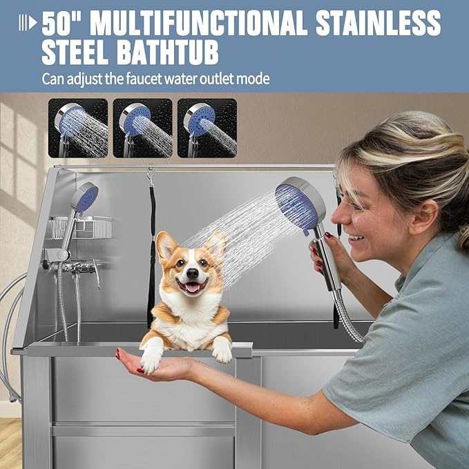 Stainless Steel Dog Cat Pet Grooming Bath Tub (w/Faucet, Sprayer, Shampoo Rack)