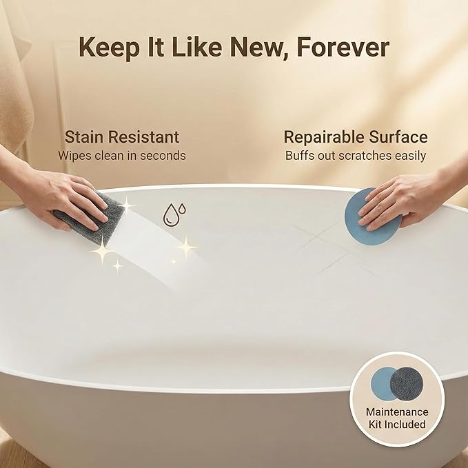 Cpingao 55" Stone Resin Freestanding Bathtub, Oval Contemporary Soaking Tubs, Solid Surface Stand Alone Tub with Drain & Integrated Slotted Overflow Matte White 8845-1400
