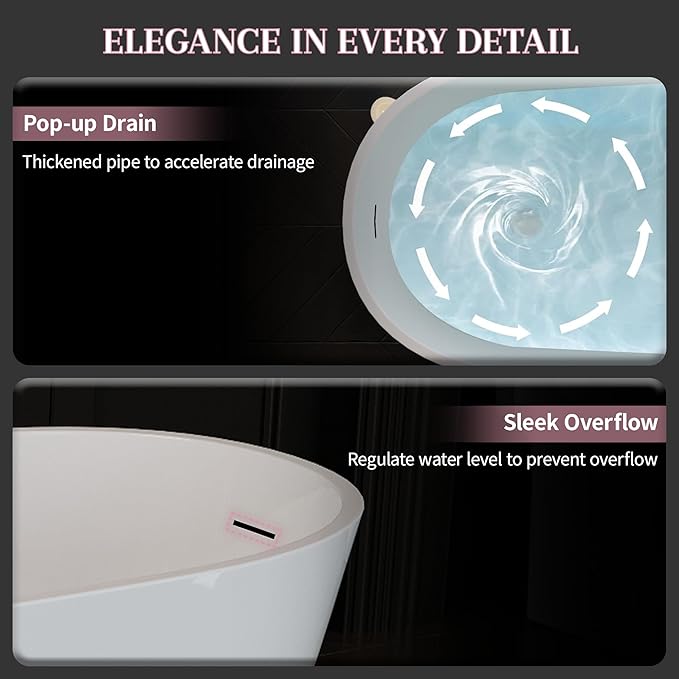 ABRUZZO 63" Acrylic Freestanding Bathtub - Deep Soaking Tub with Pop-Up Drain & Overflow, Glossy White Standalone Bathtub for Modern Bathroom, Fiberglass Reinforced Construction