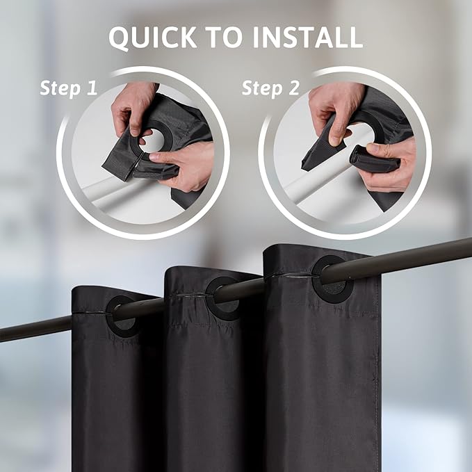 No Hook Stall Size Shower Curtain,Polyester Fabric Small Narrow Shower Curtain Liner with 6 Plastic Split Grommets,Machine Washable & Waterproof Hotel Style Curtains for Bathroom,Black,48x84 Inch