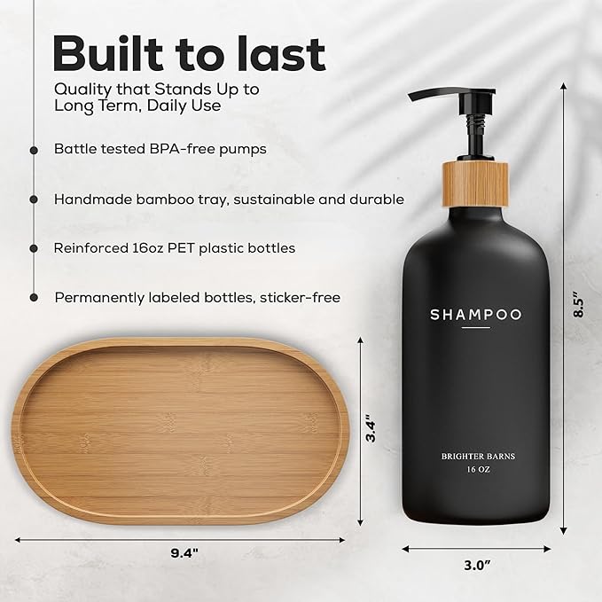 Black Shampoo and Conditioner Dispenser Set by Brighter Barns - Body Wash, Shampoo Dispenser for Shower with Pump - Refillable Plastic Shower Soap Dispenser for Bathroom Decor in Home, Airbnb (Black)