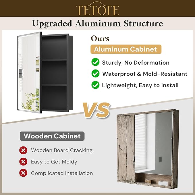 TETOTE 20" x 26" Recessed Medicine Cabinets Black Bathroom Storage with Mirror Beveled Edge Aluminum Frame Adjustable Shelves Wall-Mounted