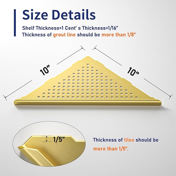 Corner Shower Shelves 10", Brushed Gold 304 Stainless Steel Recessed Bathroom Shelf, Grout in Shelf Rack for Tiled Wall, 2 Pack