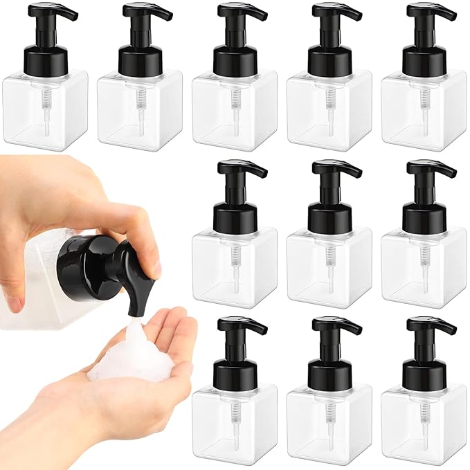 Domensi 12 Pcs Foam Pump Bottle Foaming Soap Dispenser Empty Travel Foaming Dispenser 8.5 oz Refillable Hand Soap Plastic Pump Bottle Travel Essentials Clear Container for Bathroom Vanities (Black)