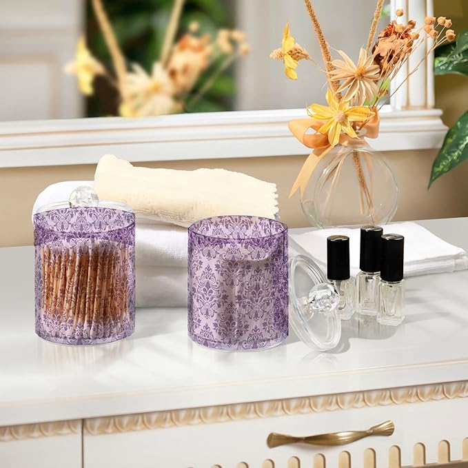 MNSRUU 4 Pack Qtip Holder Organizer Dispenser Purple Morden Floral Bathroom Containers Bathroom Vanity Storage Canister Apothecary Jars for Cotton Swabs/Pads/Floss