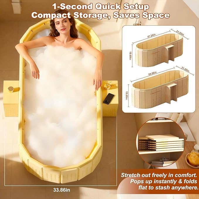 Portable Bathtub for Adult 59" Large Collapsible Cold Plunge Bathtub Foldable No Installation Ice Bath Tub for Shower Stall, Bathroom Hot SPA Soaking Standing Tub