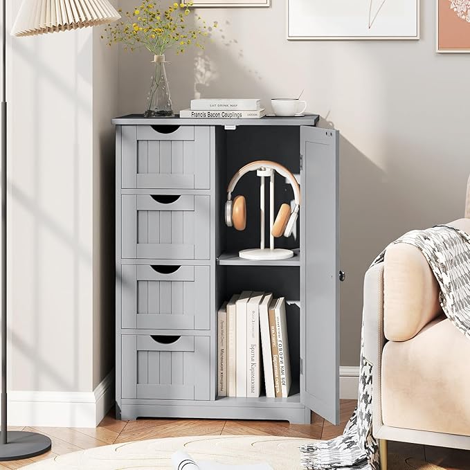 Tangkula Bathroom Floor Cabinet, Freestanding Storage Cabinet with 4 Drawers & Single Door, Adjustable Shelf, Multipurpose Bathroom Storage for Home Office, 21.5 x 12 x 32.5 Inches (Grey)
