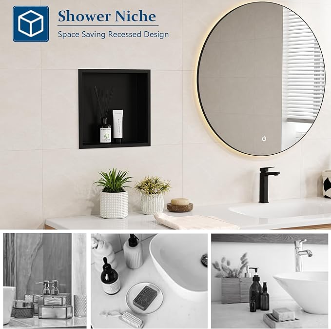 Neodrain Shower Niche Insert Tile Ready Recessed Bathroom Cabinet(Inner Size 12" X 12"), Waterproof Stainless Steel Wall Niche Shelf No Tiled Needed for Shower Storage, Matte Black