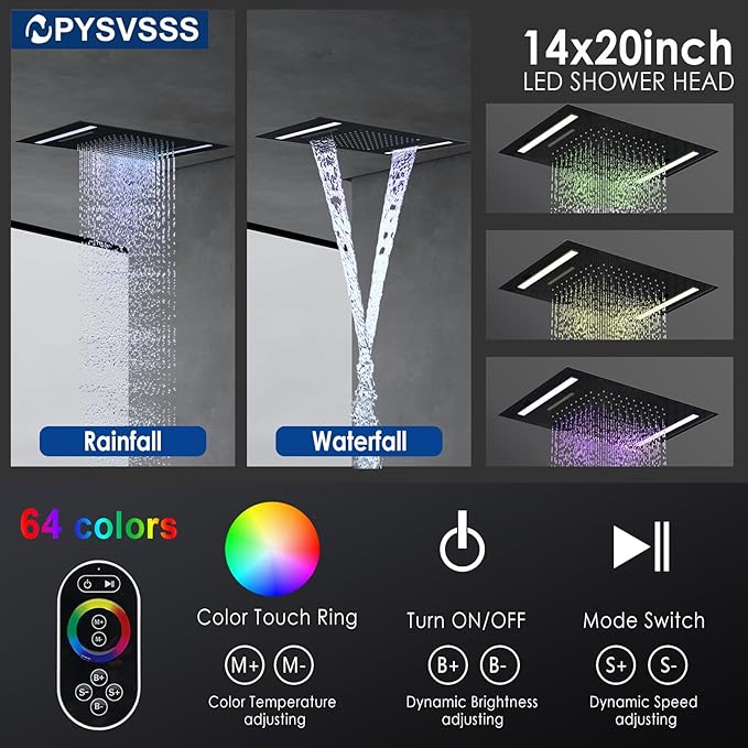 Dual Rain Shower Head Thermostatic Luxury Spa Shower System And Ceiling Mount 14x20 Inch LED 4 Functions with 6 Inch Wall Head Shower Faucet Set,Matte Black