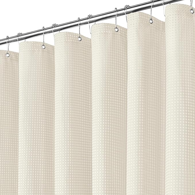 Inhousolu Fabric Shower Curtain Waffle Weave, 230 GSM Heavy Duty, Weighted Hem, 14 Metal Hooks, Water Repellent, Machine Washable, Hotel Spa Luxury Bath Curtain Set, 72 x 84 Inch, Ivory