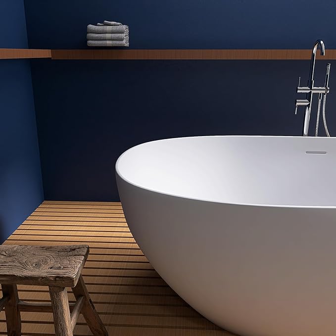 67" Stone Resin Freestanding Bathtub, Oval Solid Surface Bathroom Freestanding Tub, Thin Edge Stand Alone Tub with Integrated Slotted Overflow and Pop-up Drain, Matte White 302-170