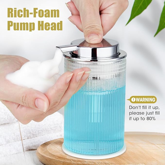 NiHome 14oz Ribbed Glass Foaming Hand Soap Dispenser, High-Capacity Easy to Refill for Home & Commercial Use, Clear Foaming Soap Dispenser for Bathroom, Kitchen with Large Foam Pump & Non-Slip Mat