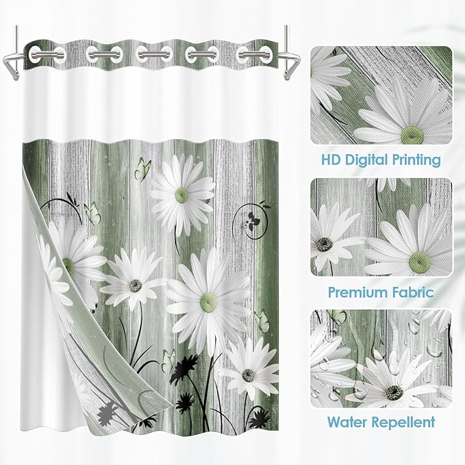 No Hook Green Daisy and Butterfly Shower Curtain with Snap in Fabric Liner Set, Rustic Farmhouse Double Layers Waterproof Fabric with See Through Top Window Open Grommet Bath Curtain 71x86 Inch