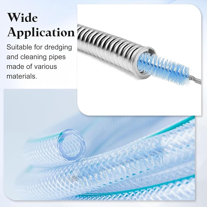 HARFINGTON 3pcs Flexible Long Drain Brush Straw Cleaner Set 61.02" Stainless Steel Double Ended Hose Brush with 8" Nylon Long Tube Pipe Cleaning for Fish Tank Sink Pipe, Blue