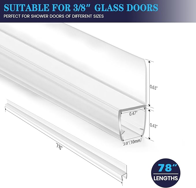 Bathroom Shower Door Seal Strip, 2PCS 78 Inch Shower Door Side Seal Strips, PVC Transparent Shower Door Seal Strip for 3/8"(10MM) Frameless Shower Door