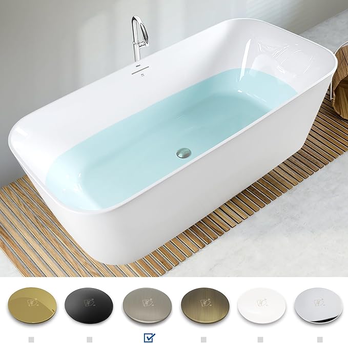 FerdY Maui 67" Acrylic Freestanding Bathtub, Contemporary Elegant Design Soaking Tub, Easy to Instal with Brushed Nickel Drain and Minimalist Linear Design Overflowl, 02563