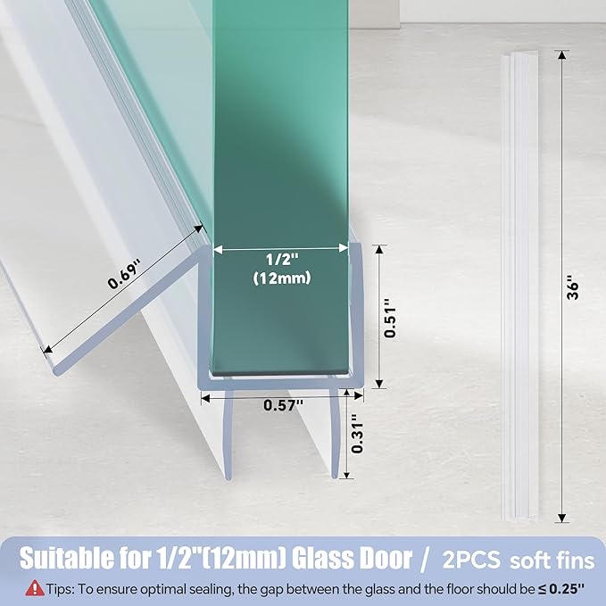 2-Pack Shower Door Bottom Seal, (1/2" x 36") Ultra Clear Glass Shower Door Seal Strip, Stop Leaks and Create a Water Barrier