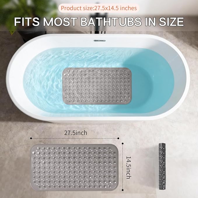 Anti-Slip Bathtub Shower mat, 27.5×14.5（Approximately 70×37cm） inch Soft Oversized Machine Washable Non-Slip Bathtub mat with Drainage Holes, Bathroom Floor Suction Cup.（1-Clear Gray）