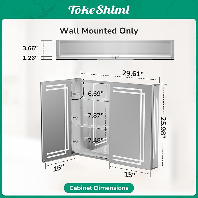 TokeShimi 30x26 Bathroom Mirror Medicine Cabinet with Light 3 Colors, Anti-Fog Tempered LED Mirror with Storage, Stepless Dimming CRI 80+, Memory Funtion, Wall Mirrored Cabinet for Bathroom Décor