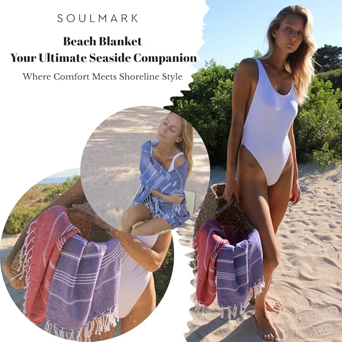 SOULMARK 100% Cotton Turkish Beach Towel with Bag - 38"x71" - 6 Pack - Made in Green & Oeko TEX Certified - Pre-Washed & Sand Free - Quick Dry and Lightweight for Travel - Made in Turkey - Light Blue