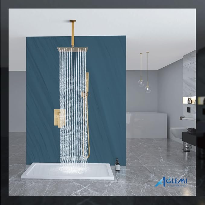 Aolemi Ceiling Mount Shower System Rain Shower Head with Handheld Spray High Pressure Shower Faucet Set Rough-in Valve Shower Trim Kit Included Bathroom Brused Gold 12 Inch Ceiling Shower Head
