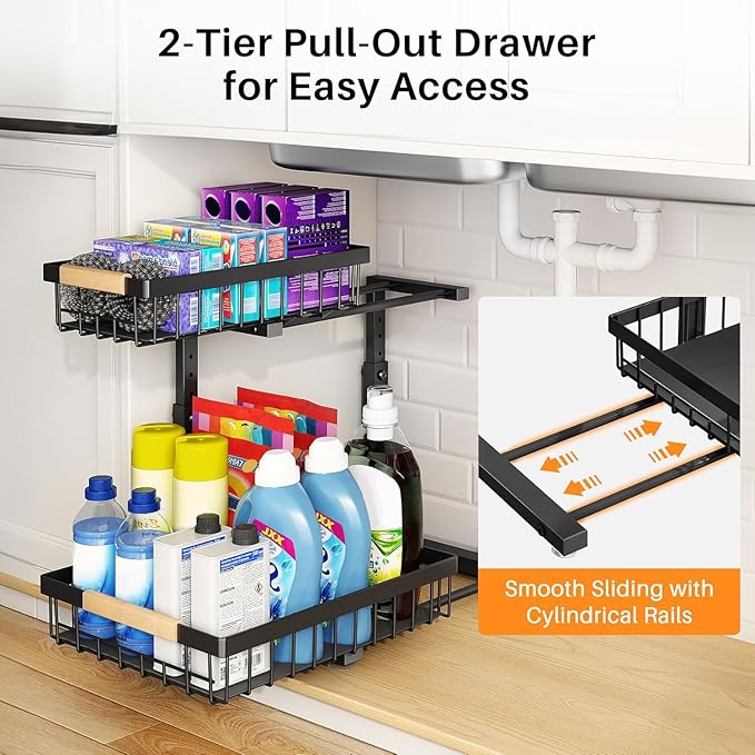 PXRACK 1 Pack Under Sink Organizer,Adjustable Height,2 Tier Pull Out Under Cabinet Organizer,Slide Out Thickened Metal Under Sink Storage for Kitchen Bathroom Laundry Cabinet Pantry,Black(L)