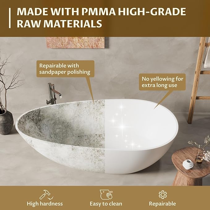 GarveeLife Freestanding Solid Surface Bathtub 67 Inch – Matte White Deep Soaking Tub, Contemporary Stone Stand Alone Bathtub with Smooth Ergonomic Design for Luxury Bathroom