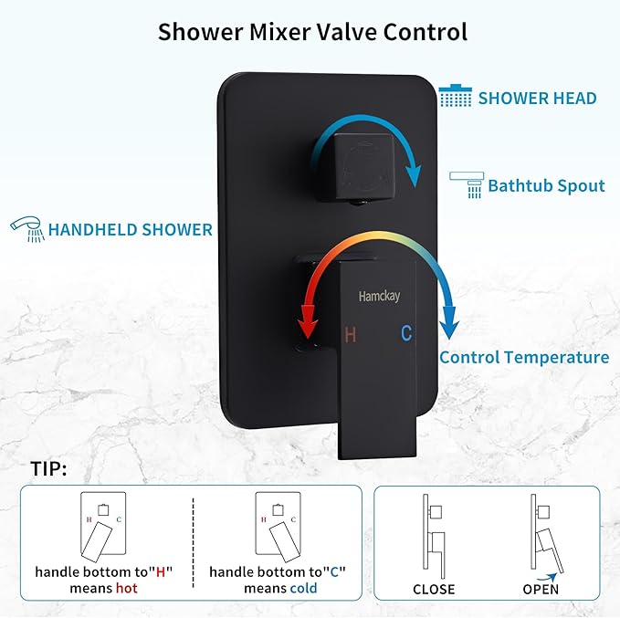 8 inch Matte Black Shower System with Tub Spout, Shower Faucet Set with Rain Shower Head and Handheld 3-Setting, Waterfall Bathtub Spout Rainfall Shower Combo Set for Bathroom Wall Mounted