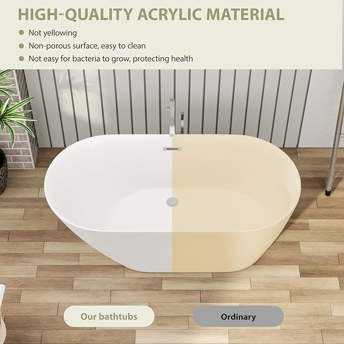 Mocoloo 59" Acrylic Freestanding Bathtub Contemporary Soaking White Bath Tub with Gold Overflow and Drain
