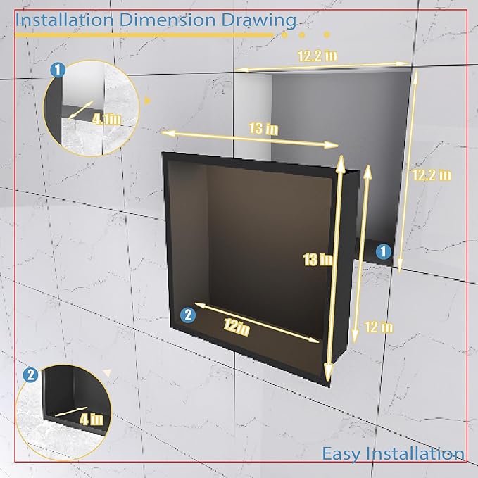Stainless Steel Lighted Niche for Shower Storage,Bathroom Niches with LED Waterproof Light Strip，Shower Niche Insert Tile Ready ，Matte Black （ 12 x 12 in）