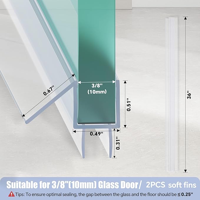 2-Pack Shower Door Bottom Seal, (3/8" x 36") Ultra Clear Glass Shower Door Seal Strip, Stop Leaks and Create a Water Barrier