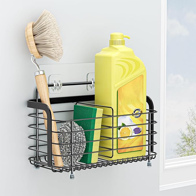 Black Kitchen Sink Caddy Organzier, Sponge Holder for Kitchen Sink, Metal High Brush Holder, Dish Sponge Holder Basket for Sponges, Scrubbers, Dish Soap Bottles Wall Mounted/Countertop