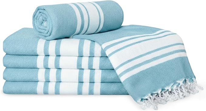 Turkish Cotton Beach Towel Pack of 6 & 1 Boho Tote Bag - Hammam Towels - No Shrink - Quick Dry - Lightweight - Sand Free - Camping - Pool - Tanning - Beach Essentials - Sky Blue (40"x70")