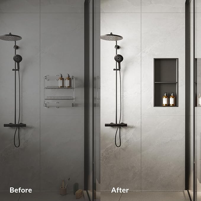 24x12 Shower Niche, No Tile Needed Insert, 304 Stainless Steel, Sloped Base, Matte Black in-Wall Shelf