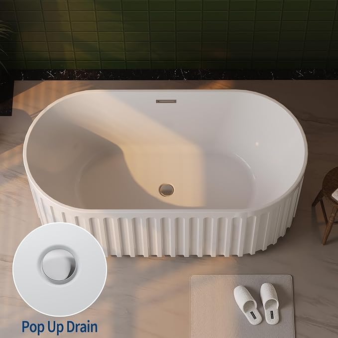59 Inch Acrylic Freestanding Bathtub with Textured Stripes, Deep Soak Tub, Space-Saving, Glossy Surface, Luxury Spa Design for Modern Bathrooms