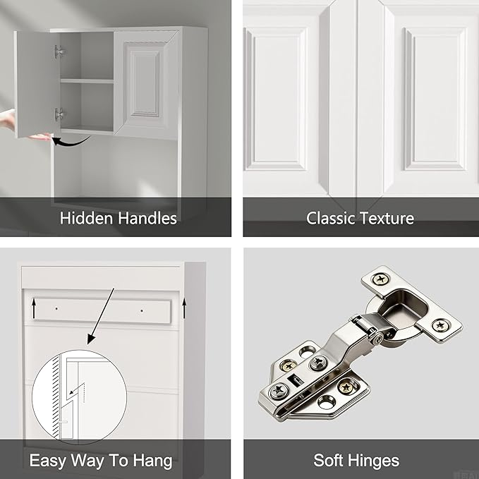 White Bathroom Wall Cabinet,Over The Toilet Storage Cabinet,Bathroom and Laundry Wall Mount Storage Medicine Cabinet with Open and Adjustable Shelf,Easy Assembly (Style B-1 PC, White)