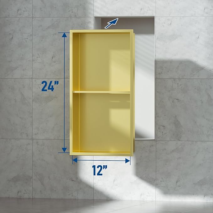 Neodrain Shower Niche Double Shelf Stainless Steel No Tile Needed Bathroom Niches Recessed in Wall, 2-Tier Recessed Wall Niche Waterproof Cubby(12X24Inch Golden)