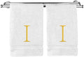 Monogrammed Hand Towel, Personalized Initial Gift, Extra Absorbent 100% Turkish Cotton - Soft Terry Finish - Set of 2 - Gold Block Initial I - Embroidered on White Towels