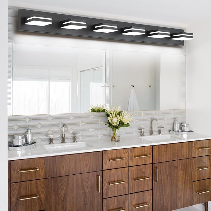SineRise LED Modern Bathroom Vanity Light Fixtures (6-Light, 48-Inch, Dimmable), Matte Black Modern Acrylic Bathroom Wall Lighting Fixtures Over Mirror (Cool White 6000K)
