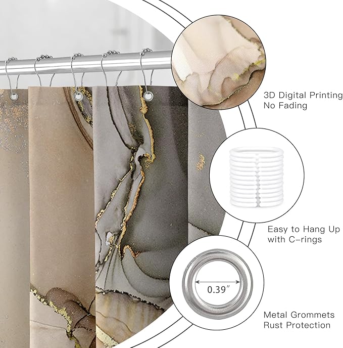 Long Shower Curtain 72 x 78 Inch, Tall Abstract Marble Shower Curtains for Bathroom Decor, Modern Luxury Art Decor Ink Texture Fabric Shower Curtain Set with Hooks, Brown