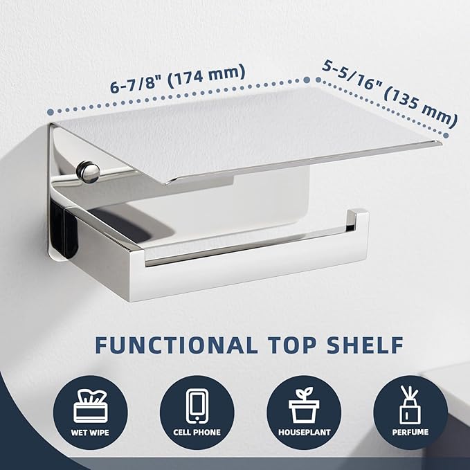 Angle Simple Toilet Paper Holder with Shelf Polished Chrome, 304 Stainless Steel Toilet Tissue Roll Holder Wall Mount
