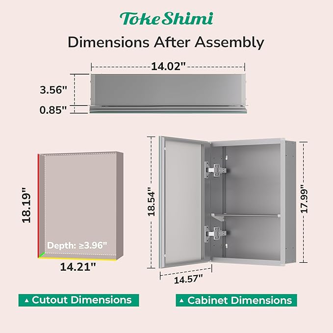TokeShimi 14x18 Recessed Medicine Cabinet with Mirror Aluminum, Frameless Bathroom Mirror with Storage Stepless Adjustable, Silver Surface Mount Medicine Cabinet for Bathroom Farmhouse