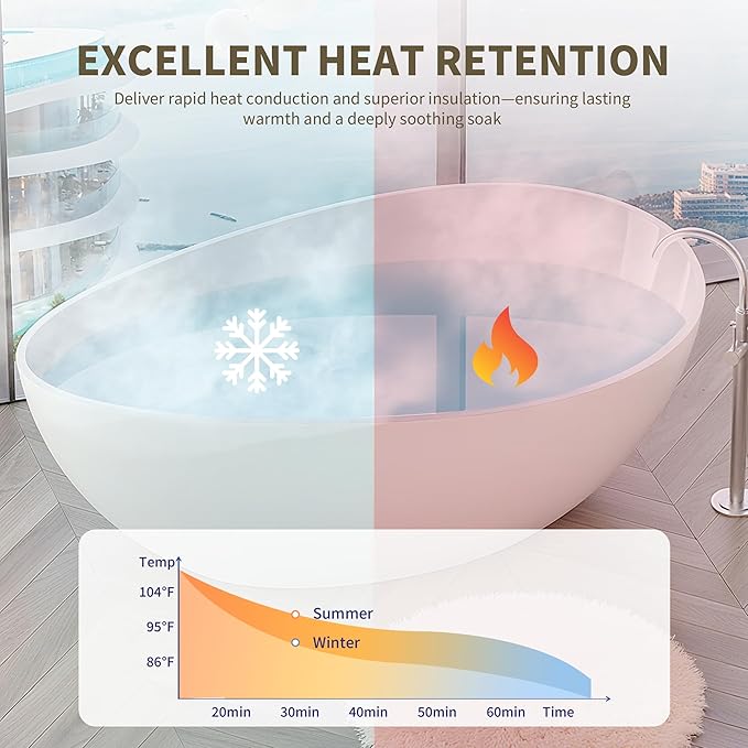 63" Freestanding Solid Surface Bathtub - Engineered Stone Resin Soaking Tub with Overflow & Pop-Up Drain, cUPC Certified Glossy White, 73-Gallon Capacity Deep Soak Tub Wavy for Modern Bathrooms
